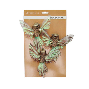 Brown clip-on birds with iridescent wings, set of 3, for decoration