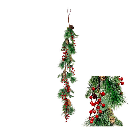 Spruce garland with red berries and pine cones, 120 cm long
