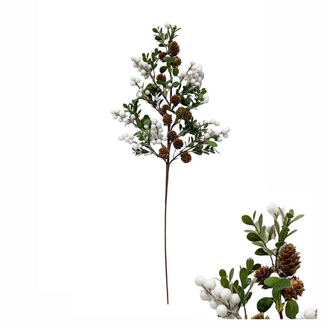 Artificial branch with white berries, pine cones and leaves, 70 cm long, for decoration