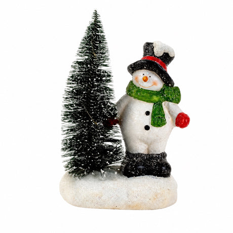 Santa Claus or snowman next to lighted Christmas tree