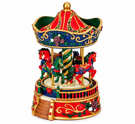 Nostalgic musical carousel from Musicboxworld with red and green horses, a blue and red roof, dark roses and golden ornaments