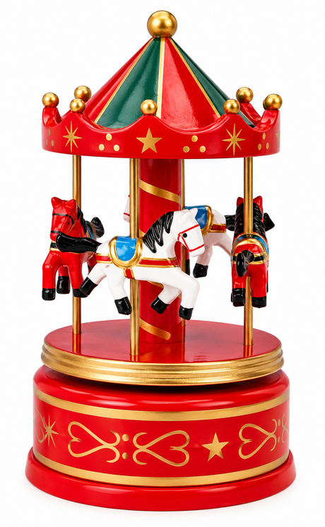 Nostalgic red and green wooden carousel from Musicboxworld with four white and black horses, golden stars and a music box mechanism