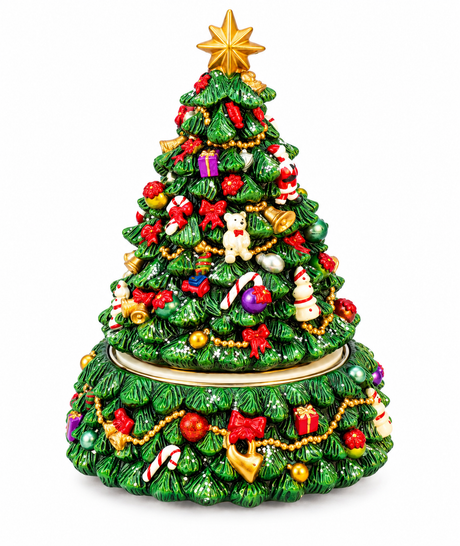 Music box from Musicboxworld shaped like a decorated Christmas tree with colorful baubles, candy canes, small Christmas figures and a golden Christmas star