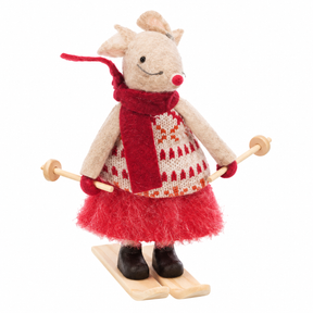 Mother mouse wearing winter clothes on skis