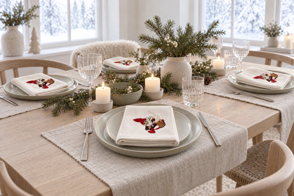 Christmas table set with cloth napkins embroidered with a gnome and cat from Juel  Brandt
