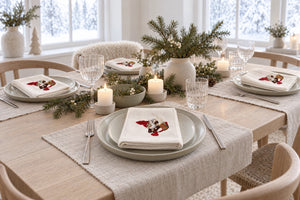 Christmas table set with cloth napkins embroidered with a gnome and cat from Juel  Brandt