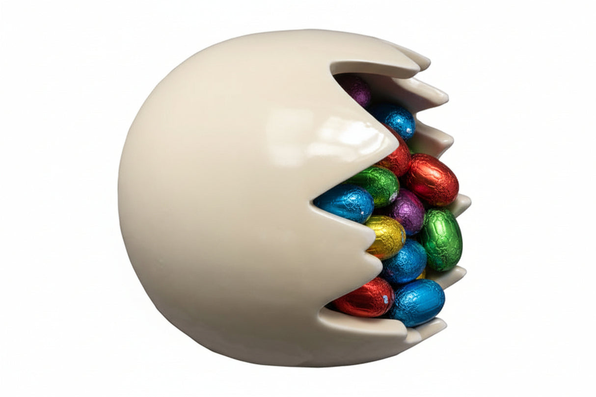 Æggeskal i keramik fyldt med påskeæg