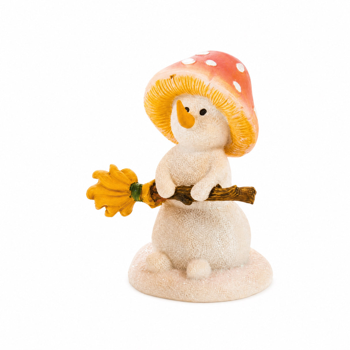 Snowman with broom and mushroom hat