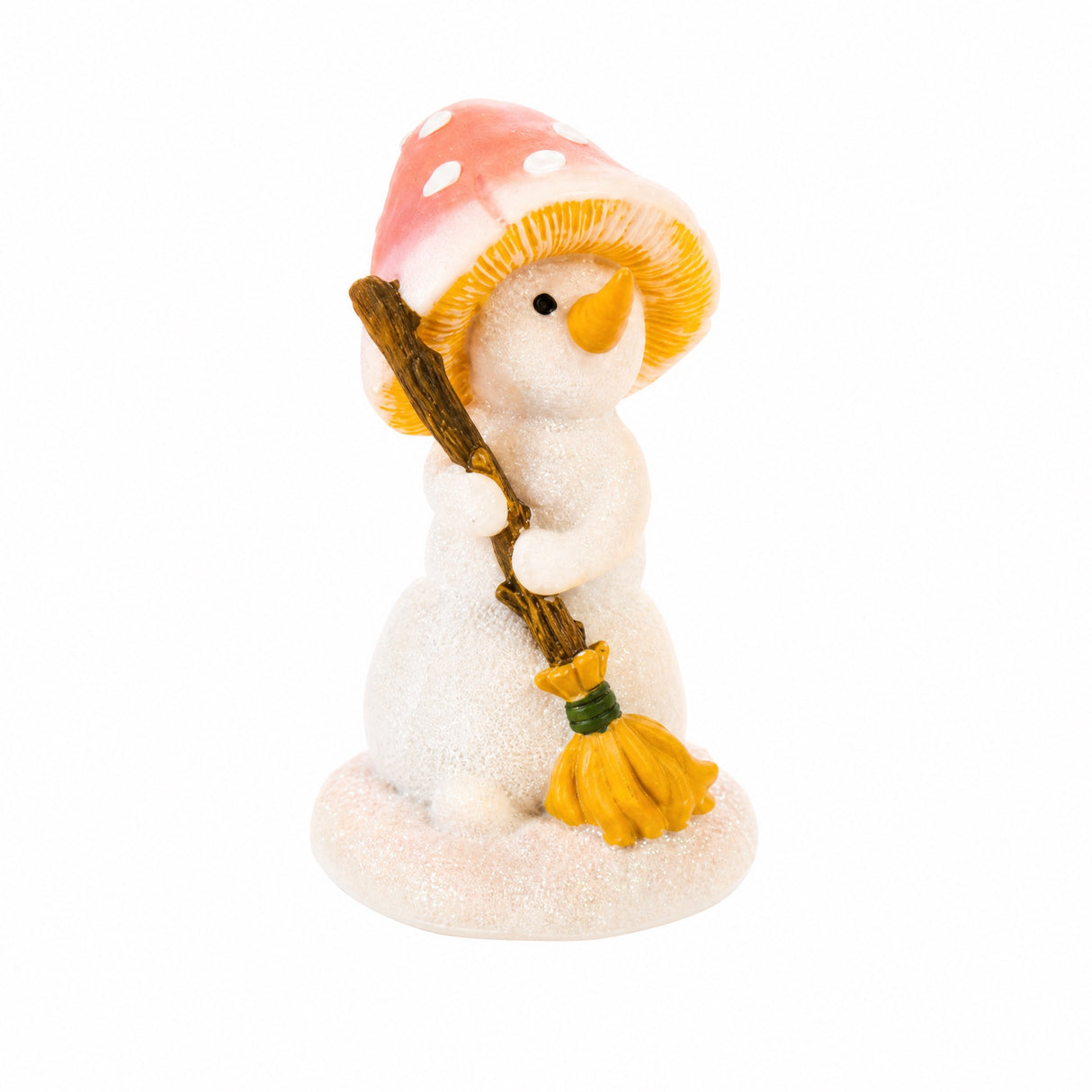 Snowman with broom and mushroom hat