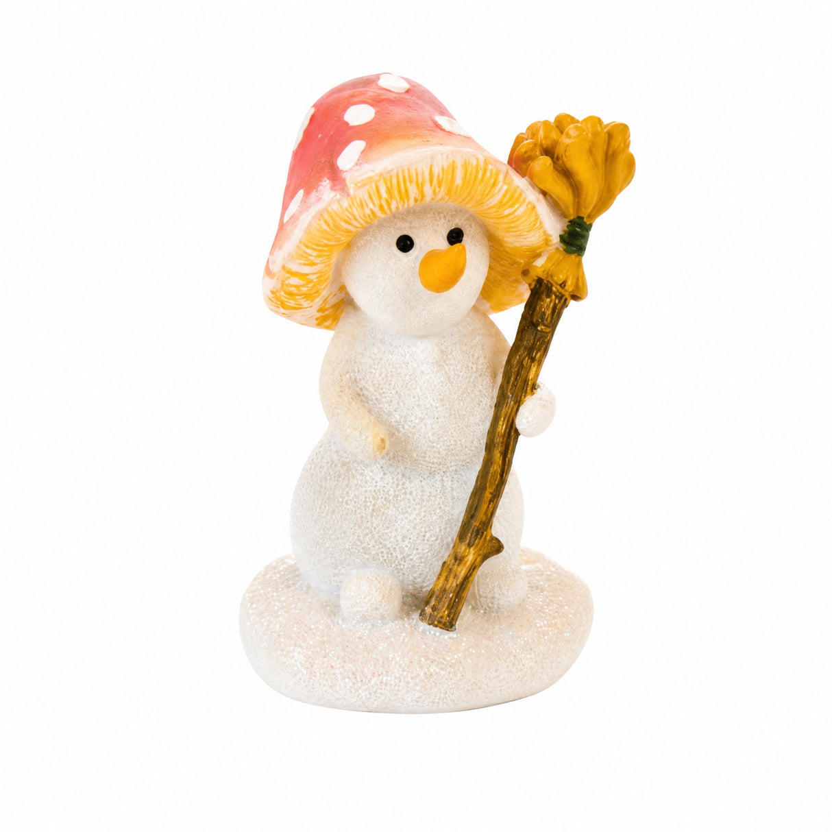 Snowman with broom and mushroom hat