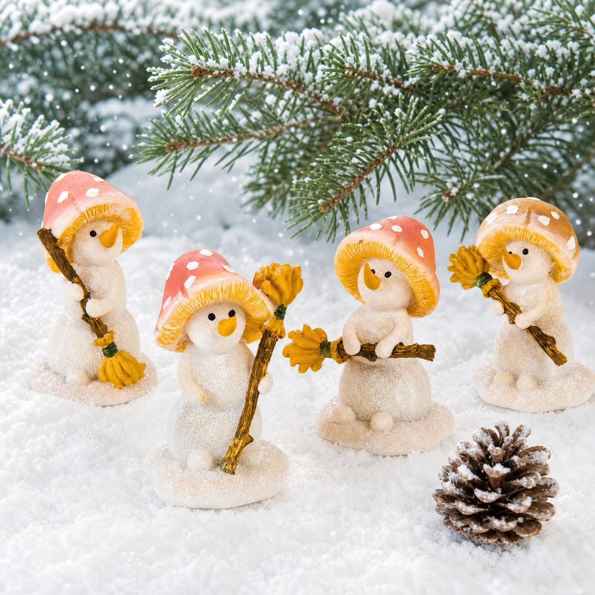 Snowman with broom and mushroom hat