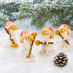 Snowman with broom and mushroom hat