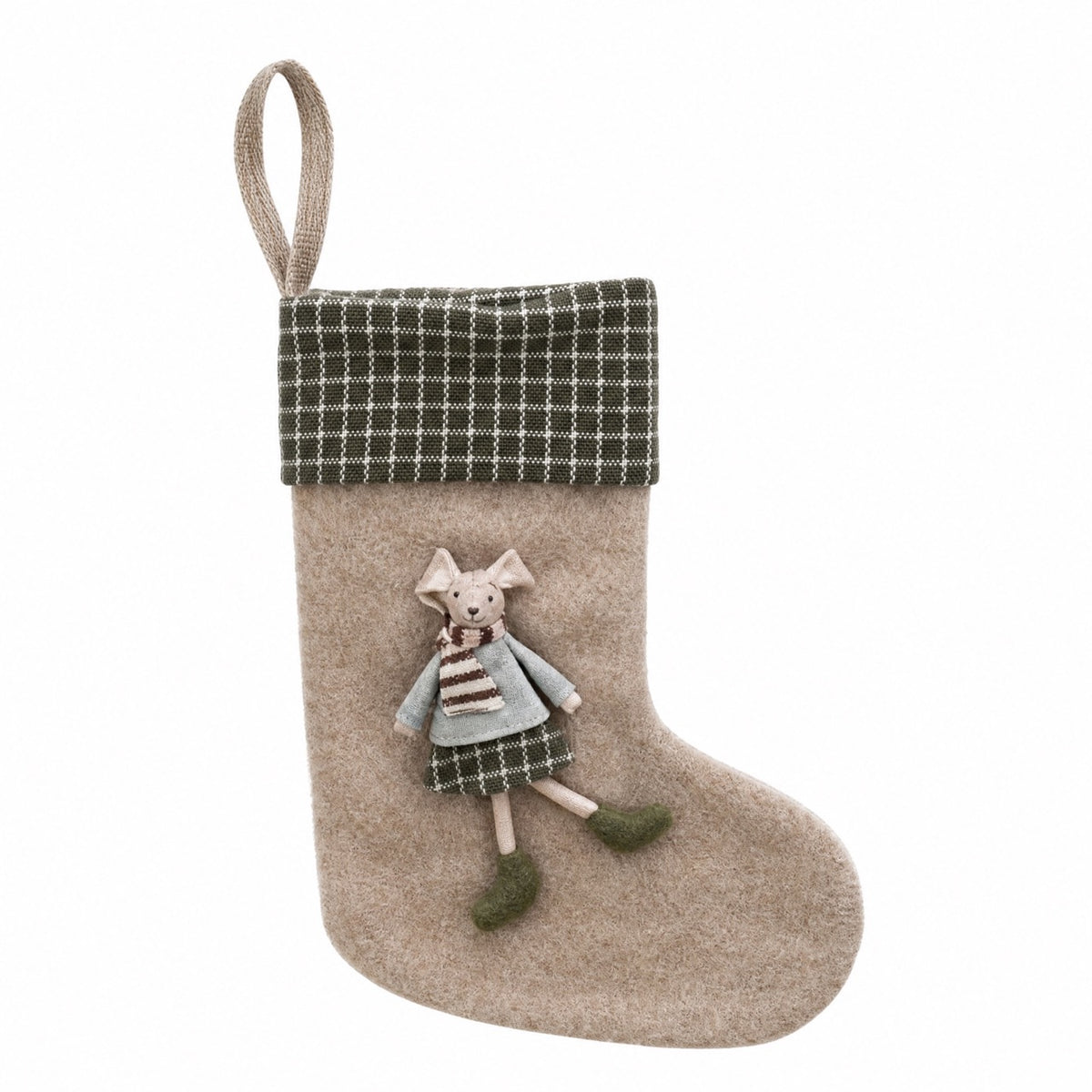 Beige Christmas stocking with a mouse