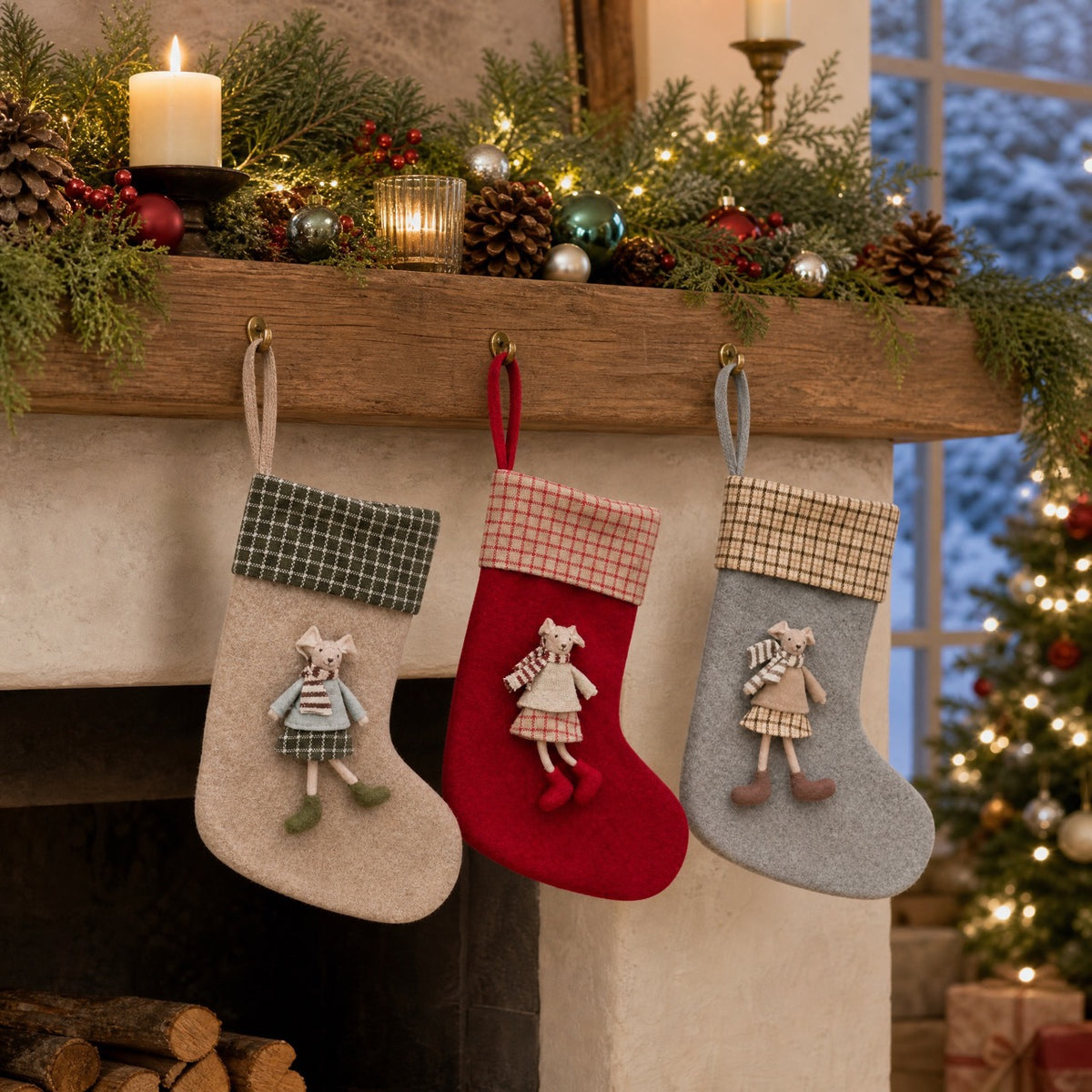 Soft Christmas stockings hanging on a decorated fireplace