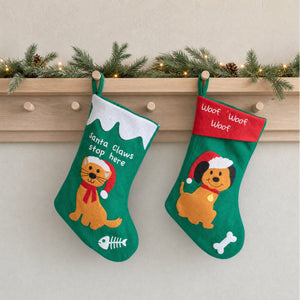 Green Christmas stocking with cat or dog