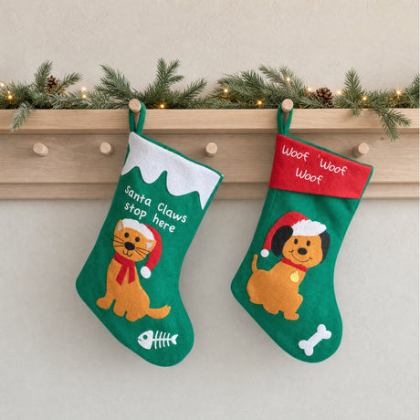 Green Christmas stocking with cat or dog