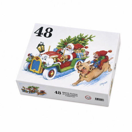 Vilhelm Hansen puzzle, 48 pieces, featuring Santa in a car and a pig with an elf beside it
