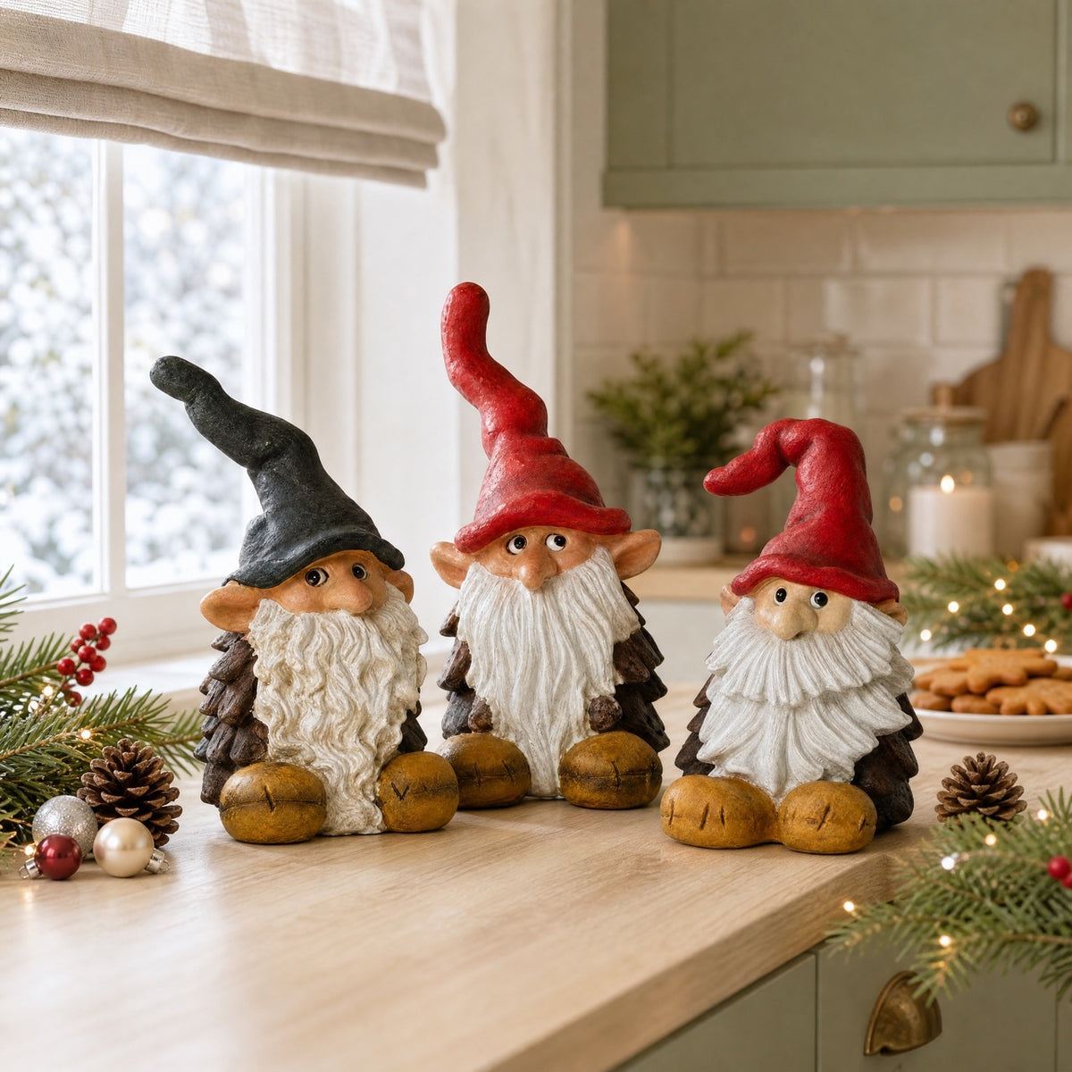 Pobra pinecone gnomes, 26 cm tall, polyresin, on the kitchen table