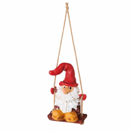Pine cone shaped elf on a swing
