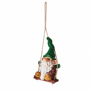 Pine cone shaped elf on a swing