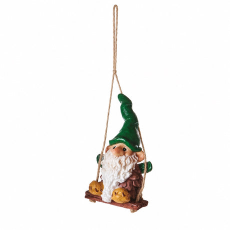 Pine cone shaped elf on a swing