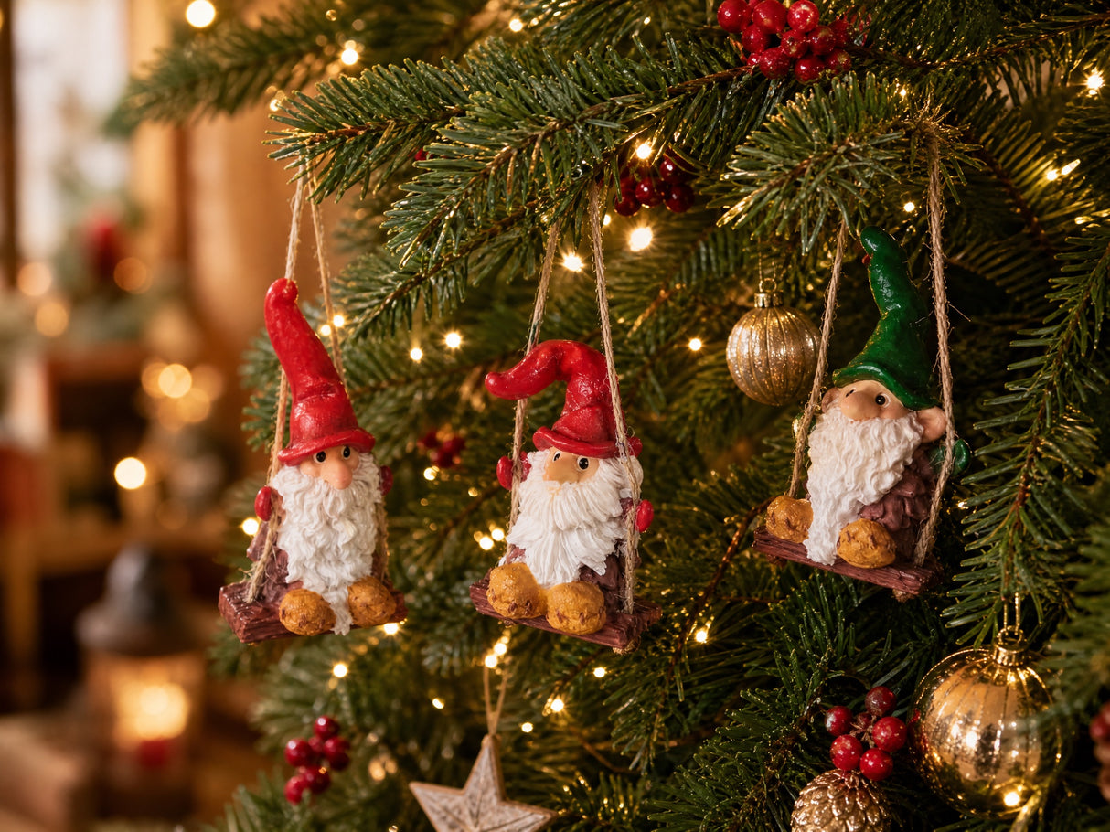 Pine cone shaped elf on a swing