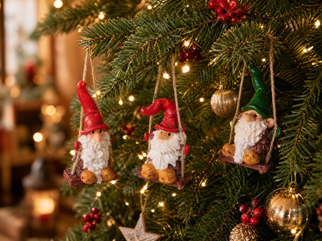 Pine cone shaped elf on a swing