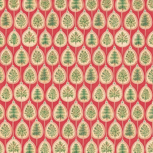 Christmas gift wrap featuring Christmas trees inside ornaments