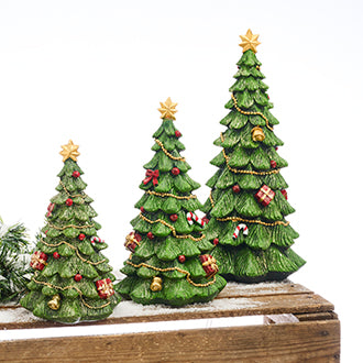 Three sizes of decorated polyresin Christmas trees from Pobra