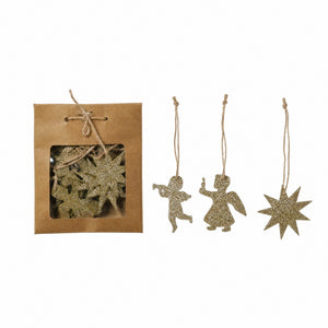 Wooden ornament with glitter and string