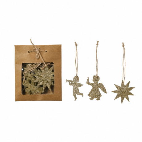 Wooden ornament with glitter and string