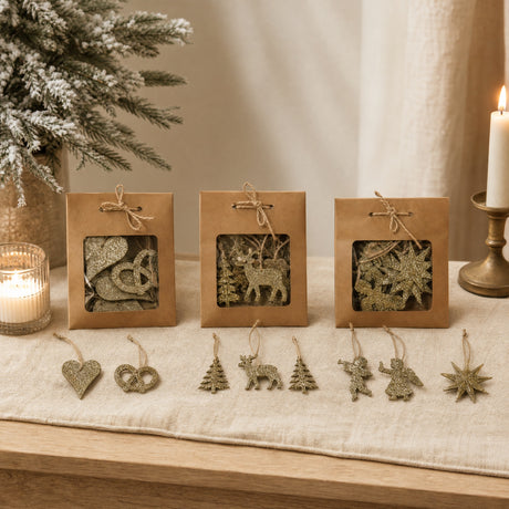 Wooden ornament with glitter and string