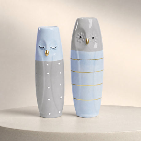 Vase Owl 17 cm high grey & light blue