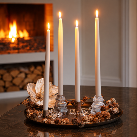 Decorative tray with magnetic candle holders and glass votives, clip-on flowers and larch branches with cones