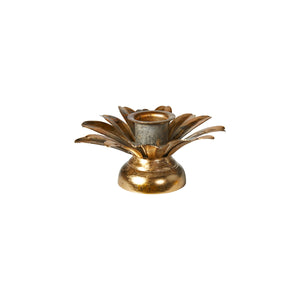 Candlestick for taper candles in antique gold-colored metal with many small decorative leaves from Speedtsberg