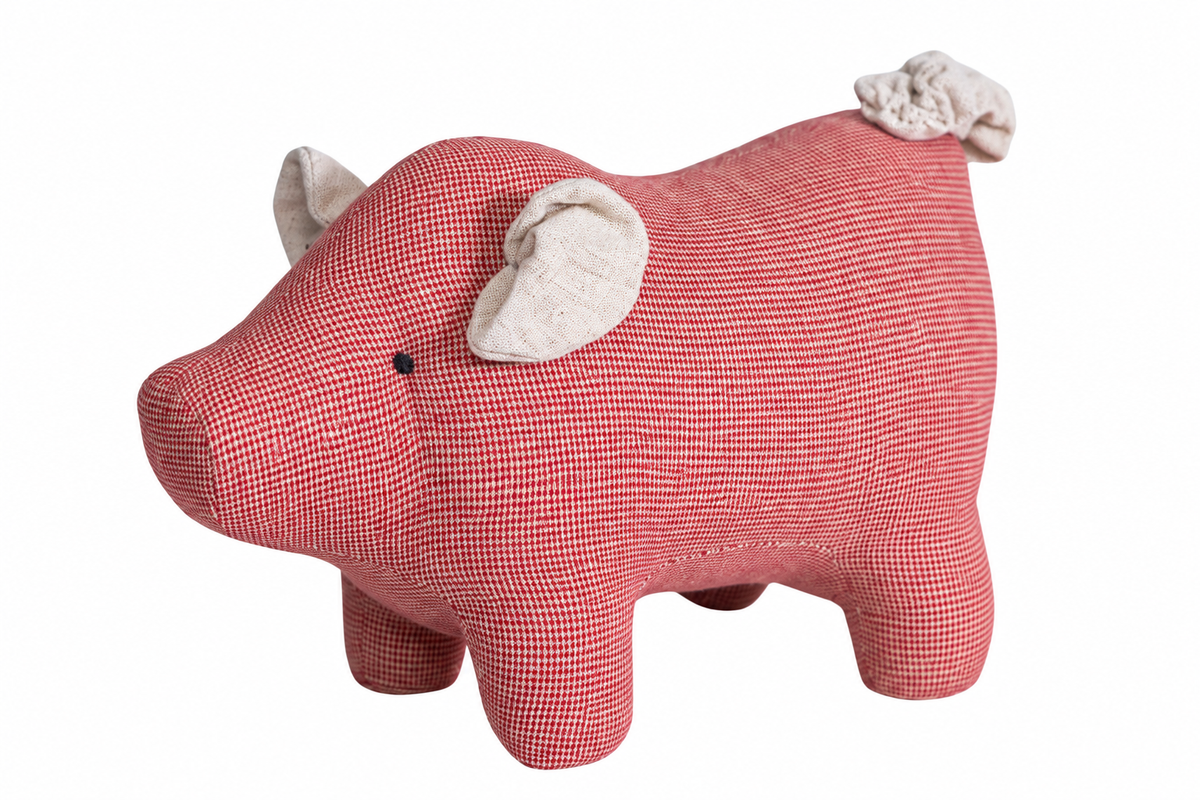 Decorative Christmas pig with linen-colored and red-checked fabric