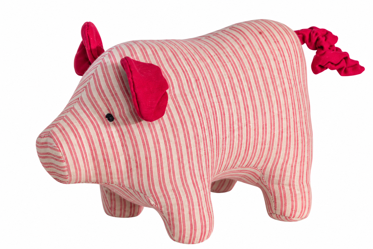 Christmas pig made of linen with red-striped fabric for decoration