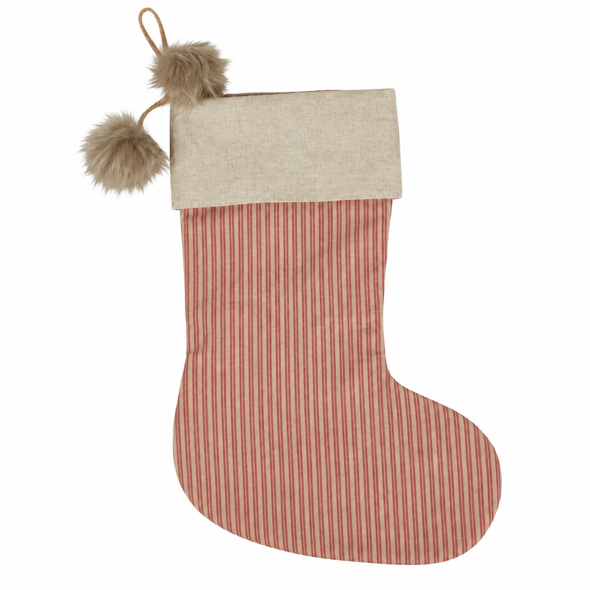 Fabric Christmas stocking with wide linen-colored and red stripes from Speedtsberg