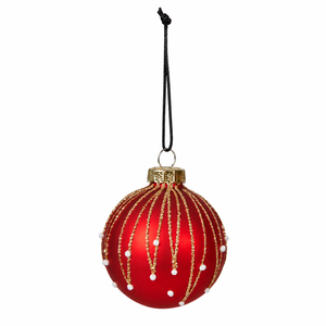 Matte red glass Christmas bauble by Speedtsberg with narrow leaves falling from the top