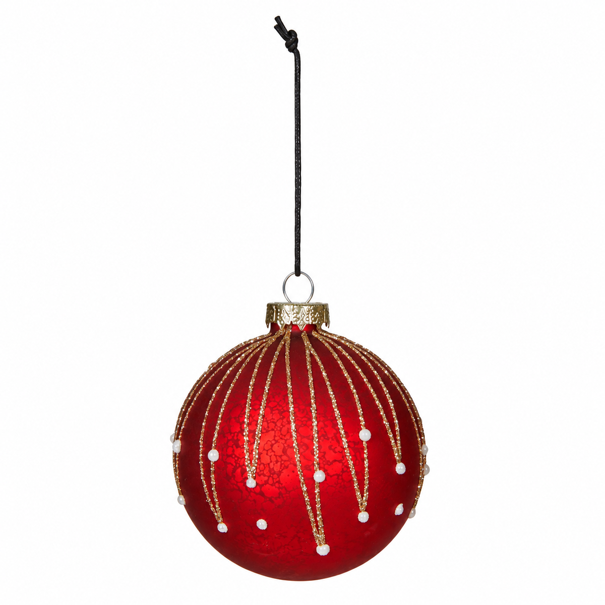 Matte red glass Christmas baubles with narrow leaves hanging vertically from the top, from Speedtsberg