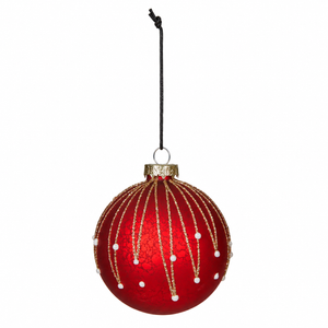 Matte red glass Christmas baubles with narrow leaves hanging vertically from the top, from Speedtsberg
