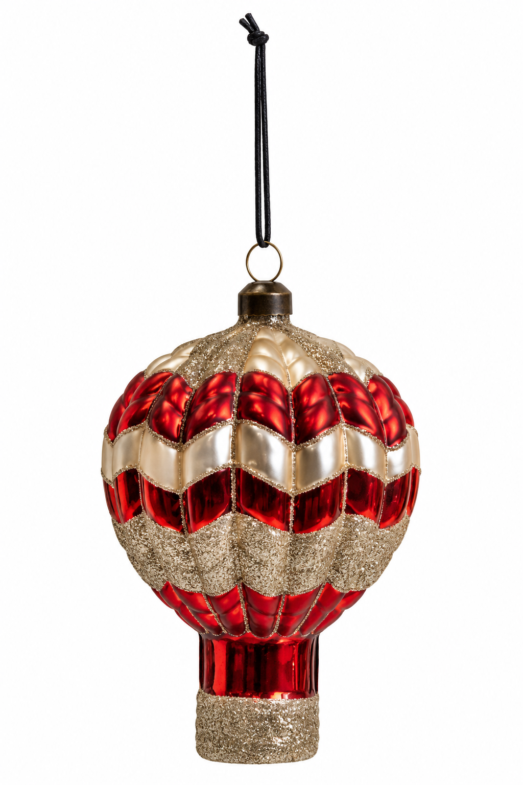 Balloon-shaped Christmas bauble in red and gold with glitter and a small-panel pattern from Speedtsberg, 12 cm tall