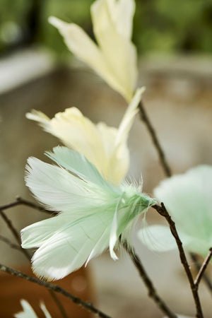 Pyntefjer på grene i støvgrøn og gul