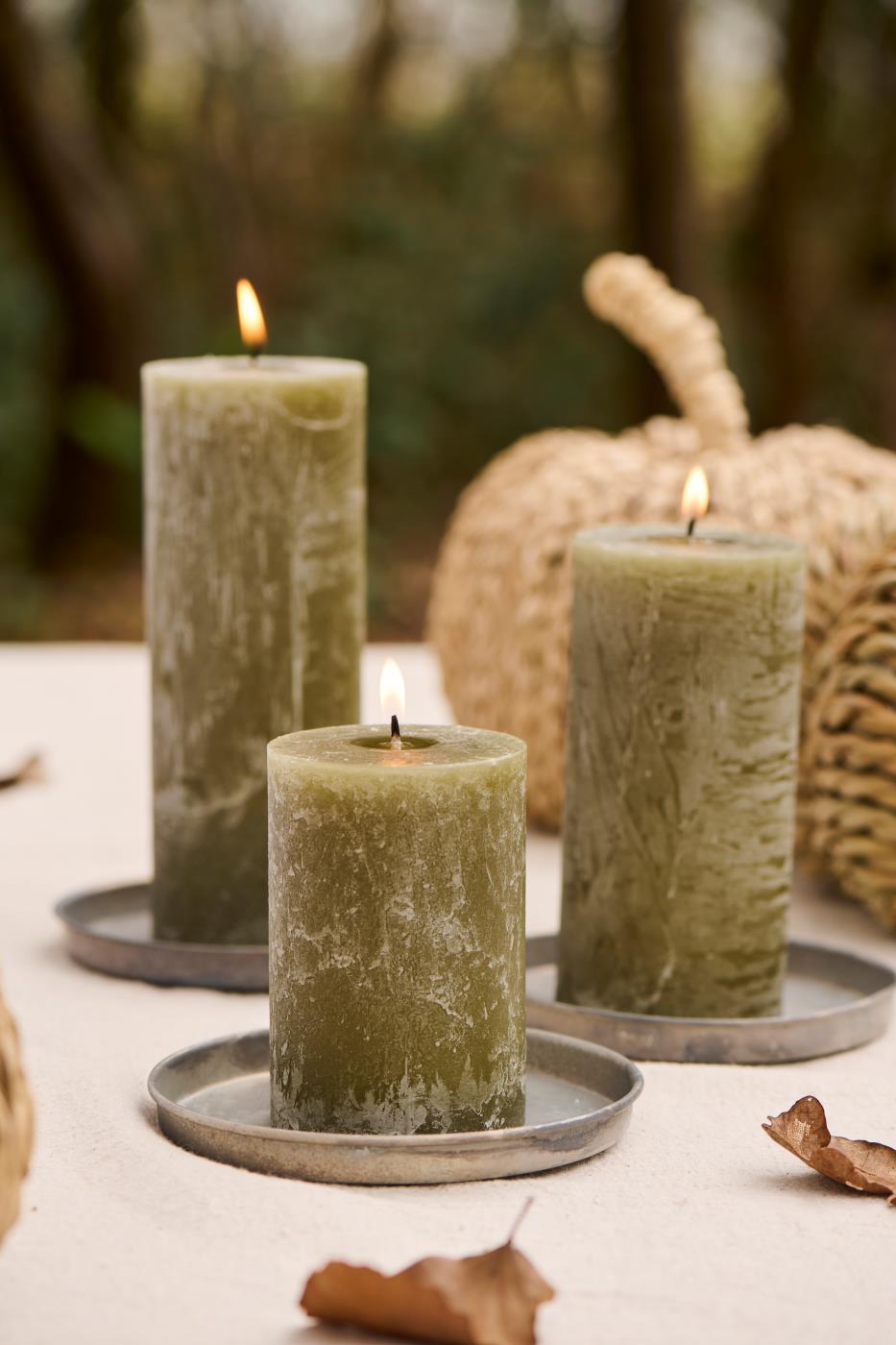 Set of 3 rustic olive-green pillar candles from Ib Laursen