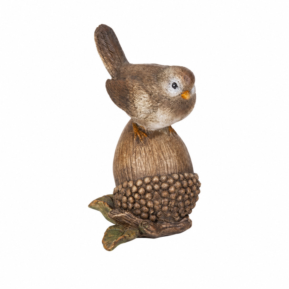 Bird sitting on pine cone/acorn