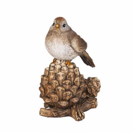 Bird sitting on pine cone/acorn