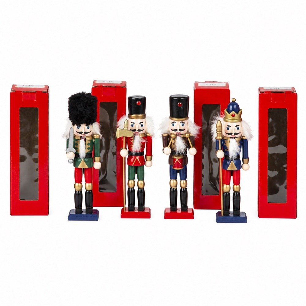Wooden nutcracker figures with matching red boxes