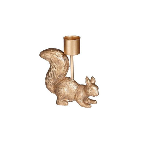 Lysestage formet som et egern i guldfarve