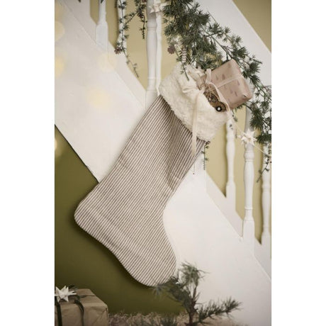 Julesok brun/hvidstribet med kunstig pelskant